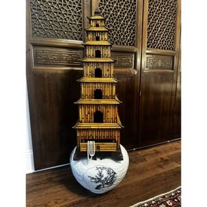 Asian Chinoiserie Pencil Reed Bamboo, Handmade 7 tier with bottom drawer